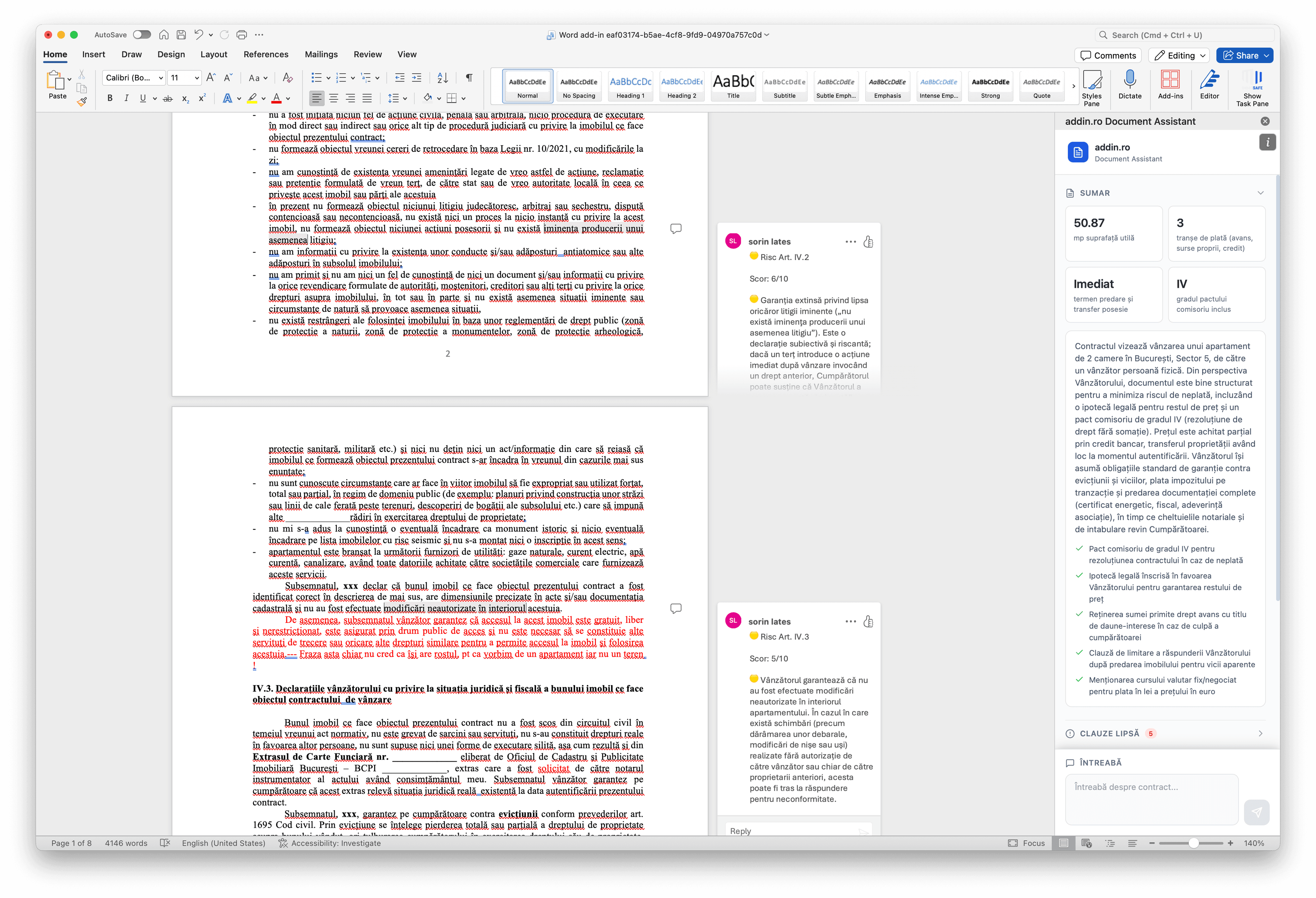 Contract deschis în Microsoft Word, cu observații și panoul de analiză ADDIN