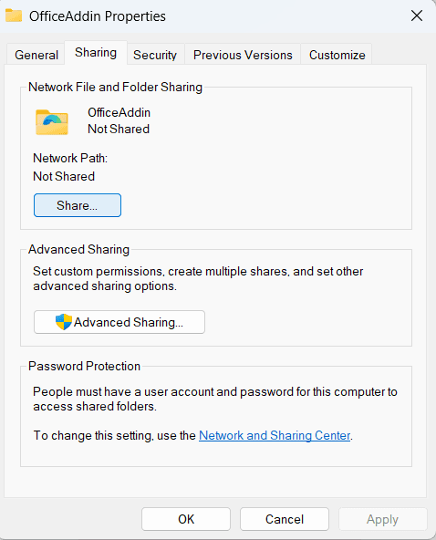 Sharing tab in Properties
