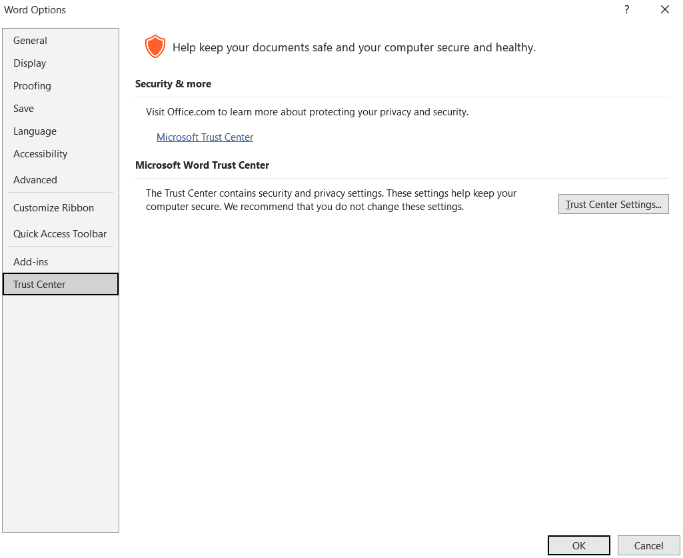 Word Options - Trust Center